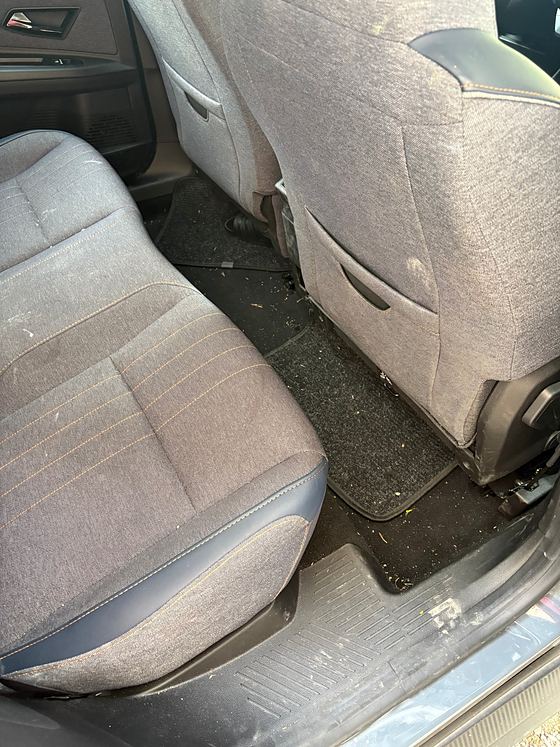 Plancher arrière et tapis avant nettoyage, sales